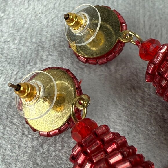Beaded Red Tassel Pierced Earrings Statement Jewelry Gold Tone Back Vibrant Boho - Picture 6 of 16